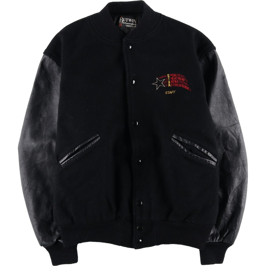 Vintage 1980'S Batwin Varsity Jacket with Padded Leather Sleeves and Wool Buttons, Made in USA, Men's XL unclear black type Vintage Second Hand