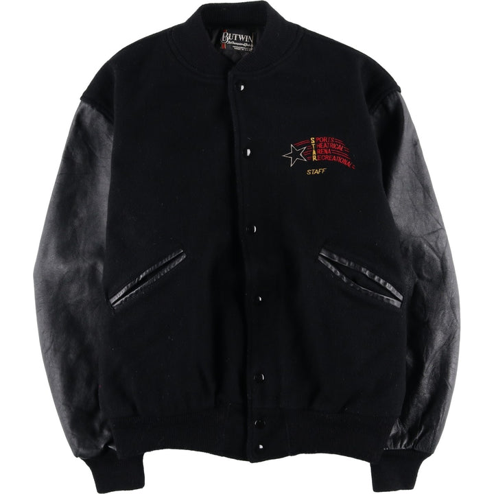 Vintage 1980'S Batwin Varsity Jacket with Padded Leather Sleeves and Wool Buttons, Made in USA, Men's XL unclear black type Vintage Second Hand