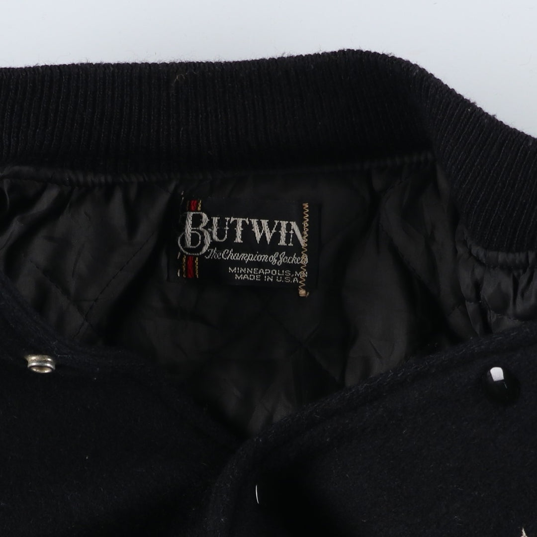 Vintage 1980'S Batwin Varsity Jacket with Padded Leather Sleeves and Wool Buttons, Made in USA, Men's XL unclear black type Vintage Second Hand