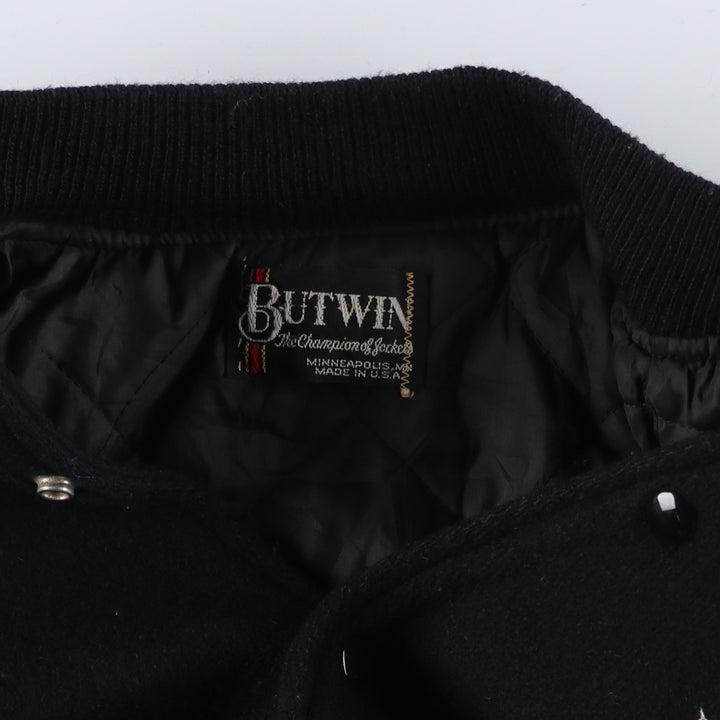 Vintage 1980'S Batwin Varsity Jacket with Padded Leather Sleeves and Wool Buttons, Made in USA, Men's XL unclear black type Vintage Second Hand