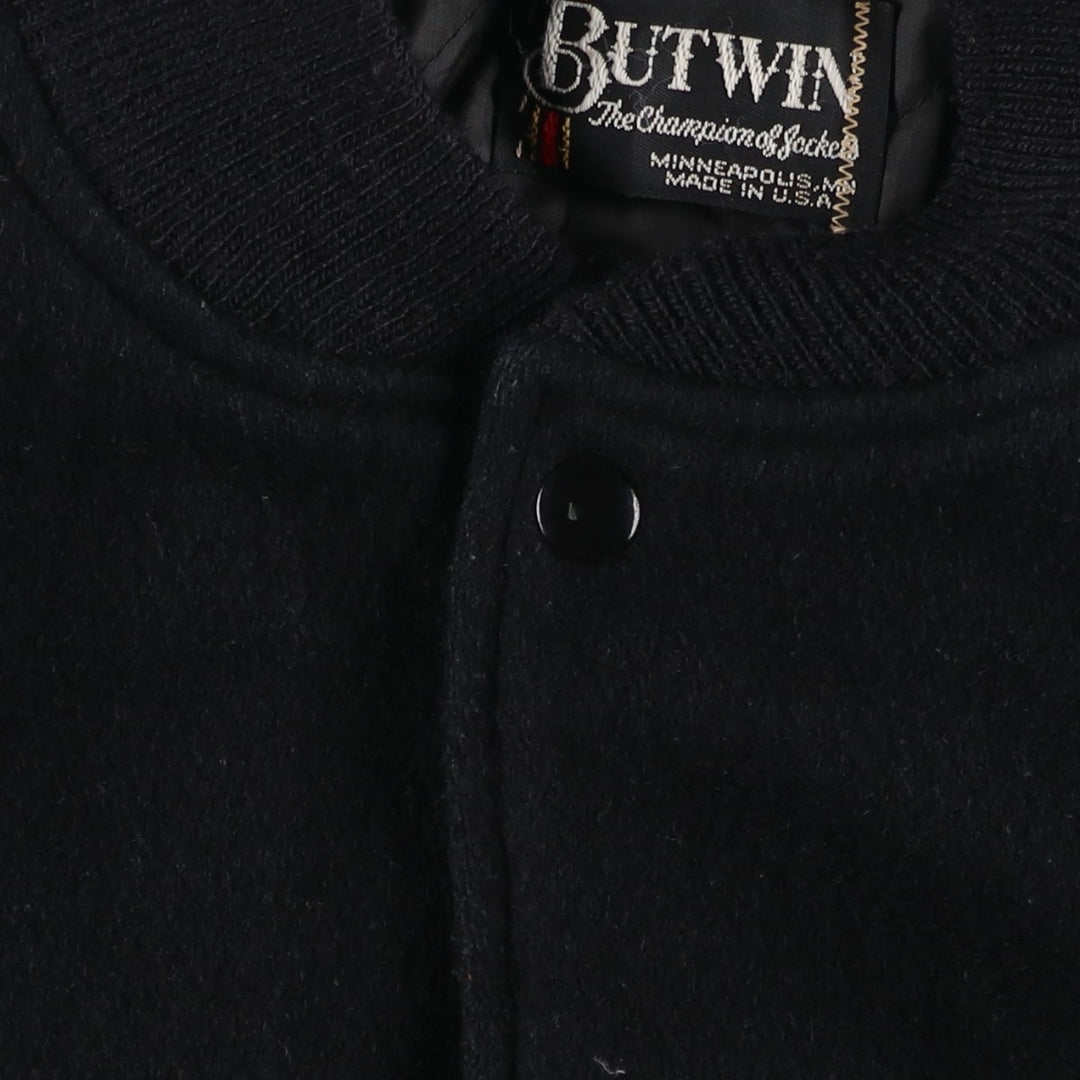 Vintage 1980'S Batwin Varsity Jacket with Padded Leather Sleeves and Wool Buttons, Made in USA, Men's XL unclear black type Vintage Second Hand