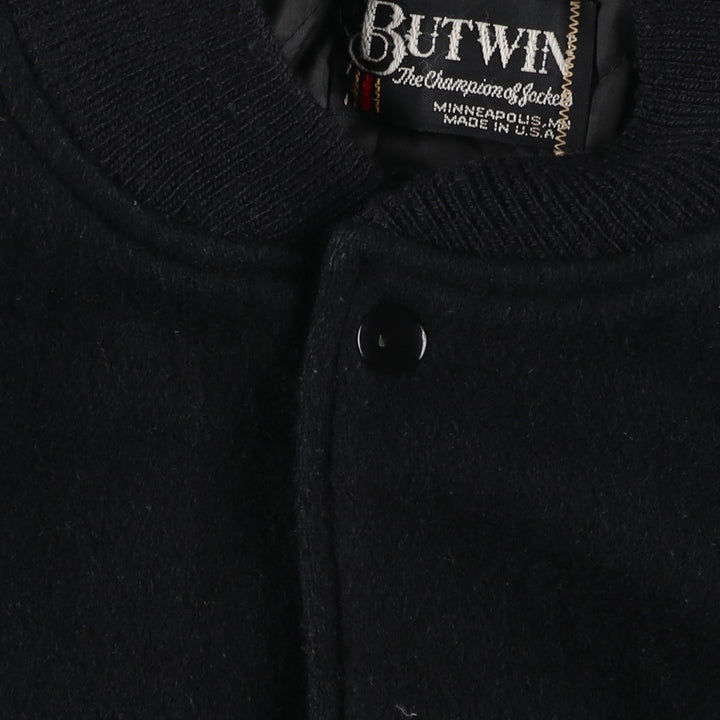 Vintage 1980'S Batwin Varsity Jacket with Padded Leather Sleeves and Wool Buttons, Made in USA, Men's XL unclear black type Vintage Second Hand