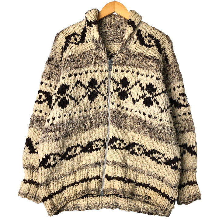 Vintage 1970'S UNKNOW all-over print Cowichan sweater, size L, men's unclear Beige type Vintage Second Hand