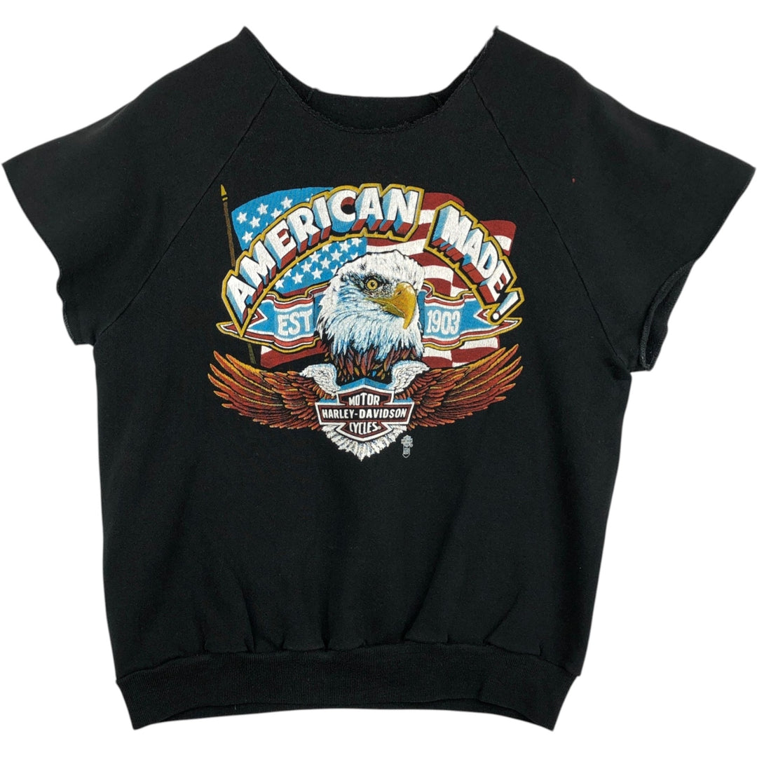 Harley-Davidson Eagle and Stars and Stripes Print Cut-Off Advertising Sweatshirt (Women's Size L) unclear black type Vintage Second Hand