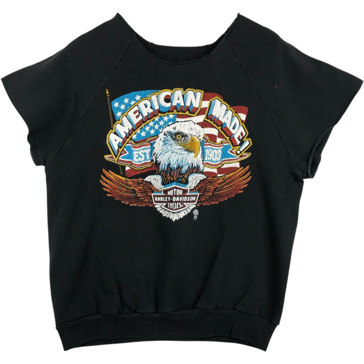Harley-Davidson Eagle and Stars and Stripes Print Cut-Off Advertising Sweatshirt (Women's Size L) unclear black type Vintage Second Hand