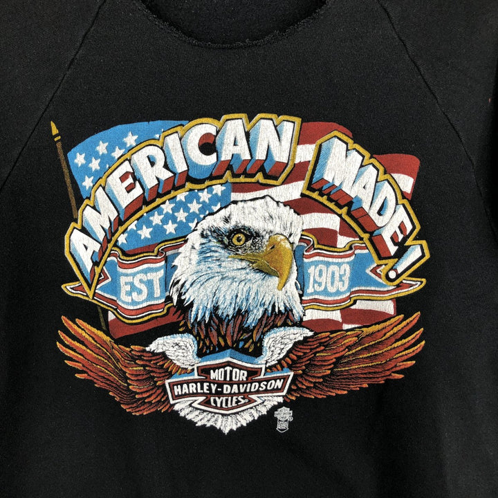 Harley-Davidson Eagle and Stars and Stripes Print Cut-Off Advertising Sweatshirt (Women's Size L) unclear black type Vintage Second Hand