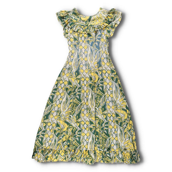 1940s-era SURFRIDERS SPORTSWEAR all-over print long sleeveless flared dress muumuu (women's size S equivalent) vintage unclear green type Vintage Second Hand