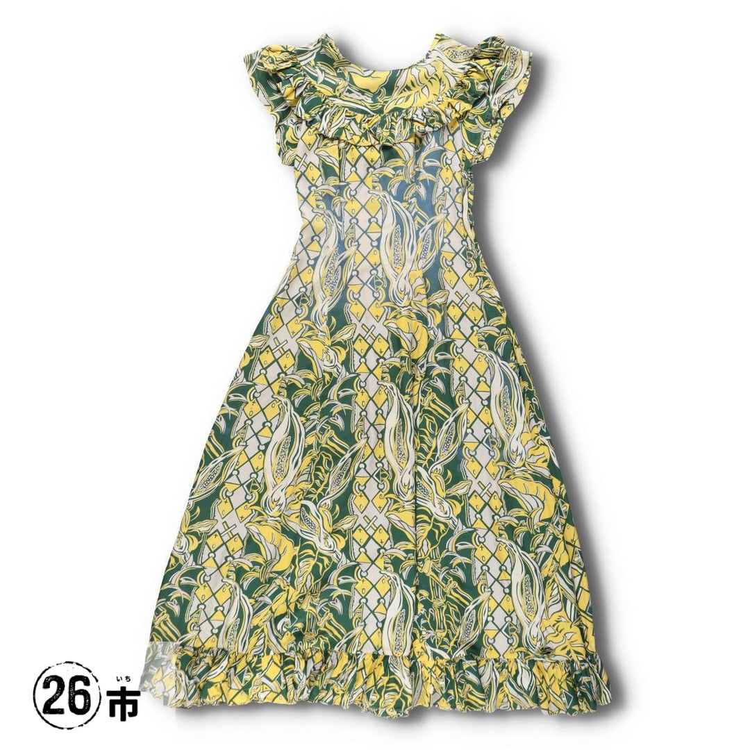 1940s-era SURFRIDERS SPORTSWEAR all-over print long sleeveless flared dress muumuu (women's size S equivalent) vintage unclear green type Vintage Second Hand