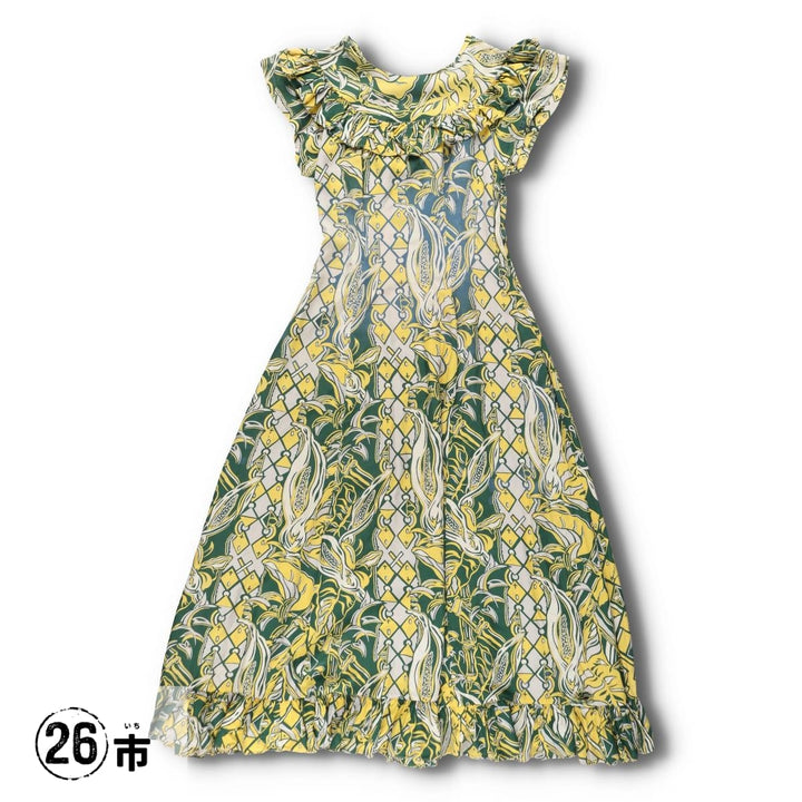 1940s-era SURFRIDERS SPORTSWEAR all-over print long sleeveless flared dress muumuu (women's size S equivalent) vintage unclear green type Vintage Second Hand