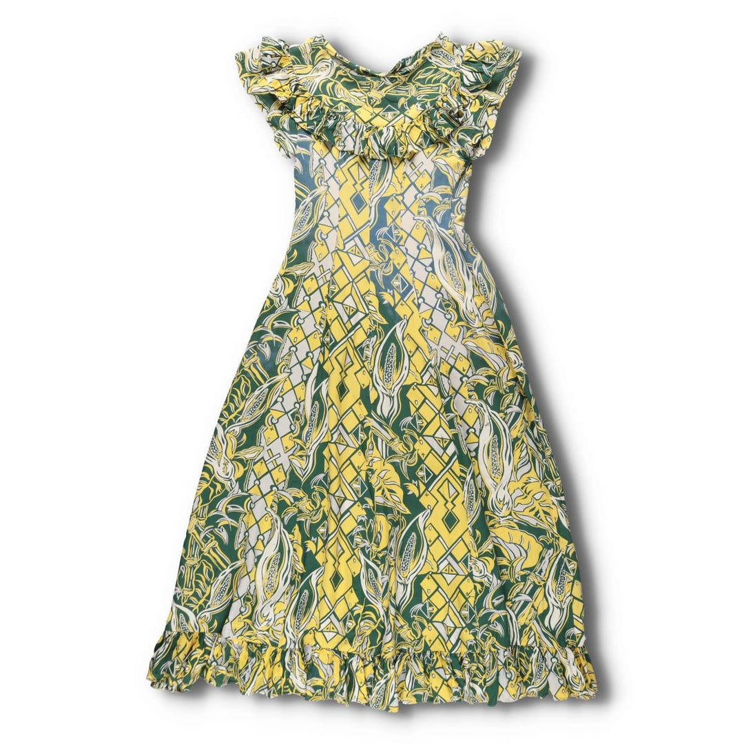 1940s-era SURFRIDERS SPORTSWEAR all-over print long sleeveless flared dress muumuu (women's size S equivalent) vintage unclear green type Vintage Second Hand
