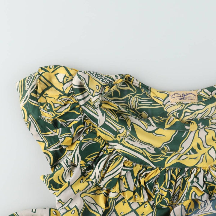 1940s-era SURFRIDERS SPORTSWEAR all-over print long sleeveless flared dress muumuu (women's size S equivalent) vintage unclear green type Vintage Second Hand