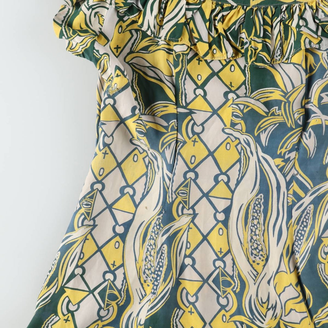 1940s-era SURFRIDERS SPORTSWEAR all-over print long sleeveless flared dress muumuu (women's size S equivalent) vintage unclear green type Vintage Second Hand