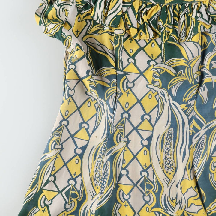 1940s-era SURFRIDERS SPORTSWEAR all-over print long sleeveless flared dress muumuu (women's size S equivalent) vintage unclear green type Vintage Second Hand