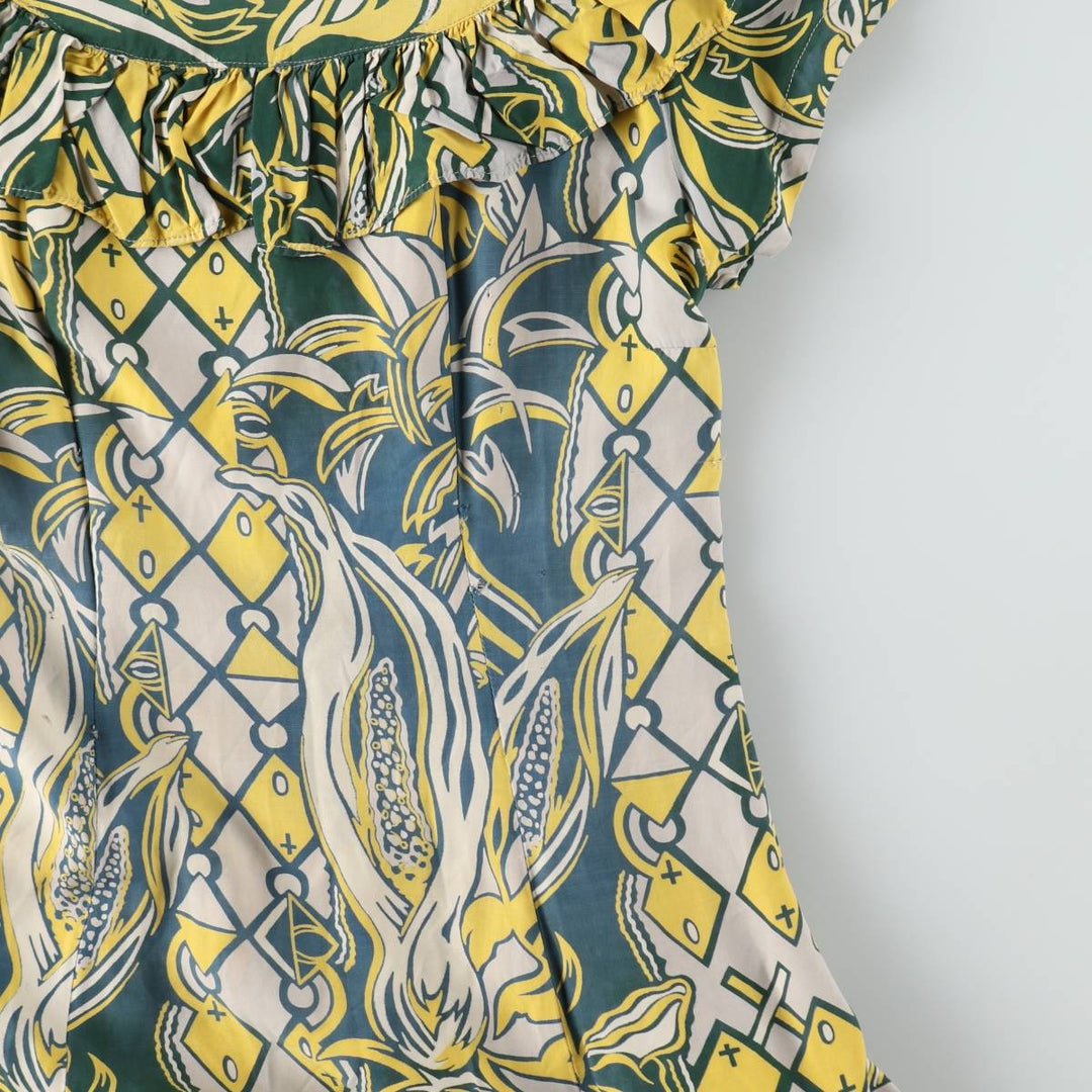 1940s-era SURFRIDERS SPORTSWEAR all-over print long sleeveless flared dress muumuu (women's size S equivalent) vintage unclear green type Vintage Second Hand