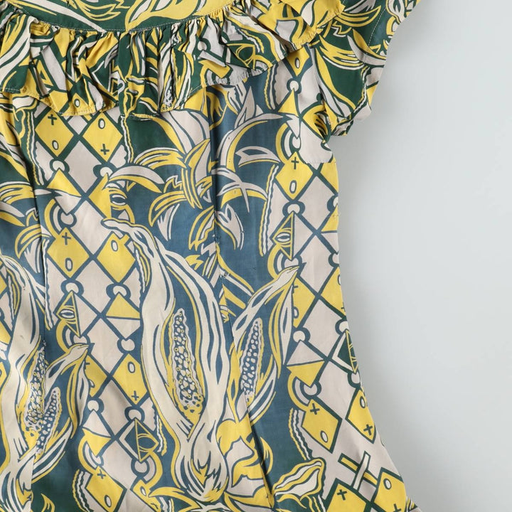 1940s-era SURFRIDERS SPORTSWEAR all-over print long sleeveless flared dress muumuu (women's size S equivalent) vintage unclear green type Vintage Second Hand