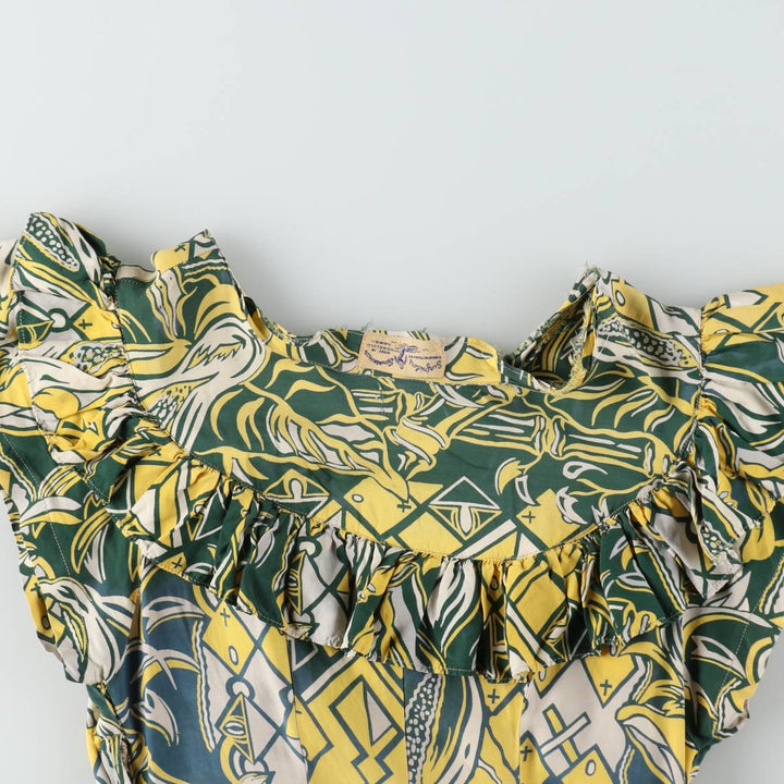 1940s-era SURFRIDERS SPORTSWEAR all-over print long sleeveless flared dress muumuu (women's size S equivalent) vintage unclear green type Vintage Second Hand