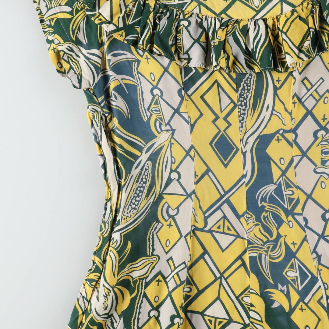 1940s-era SURFRIDERS SPORTSWEAR all-over print long sleeveless flared dress muumuu (women's size S equivalent) vintage unclear green type Vintage Second Hand