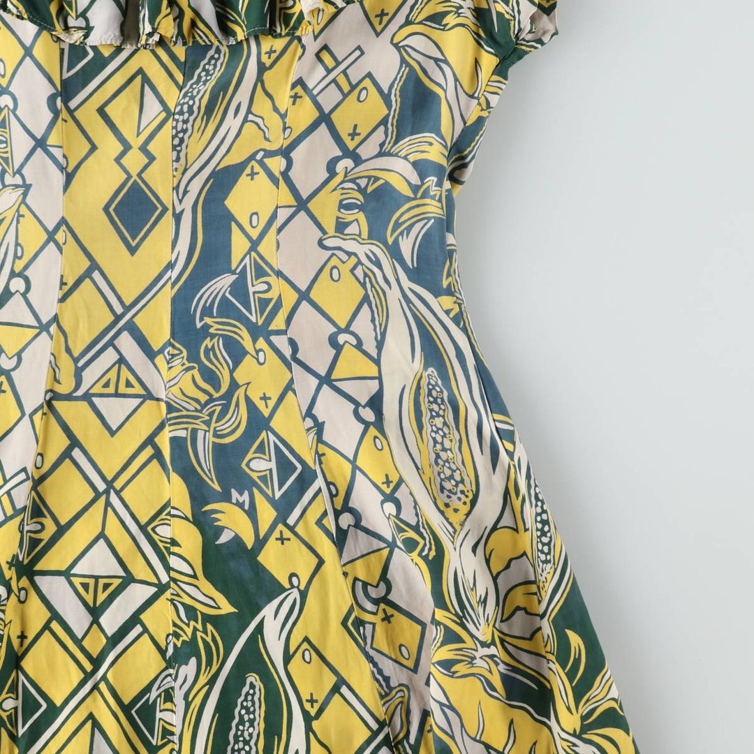 1940s-era SURFRIDERS SPORTSWEAR all-over print long sleeveless flared dress muumuu (women's size S equivalent) vintage unclear green type Vintage Second Hand