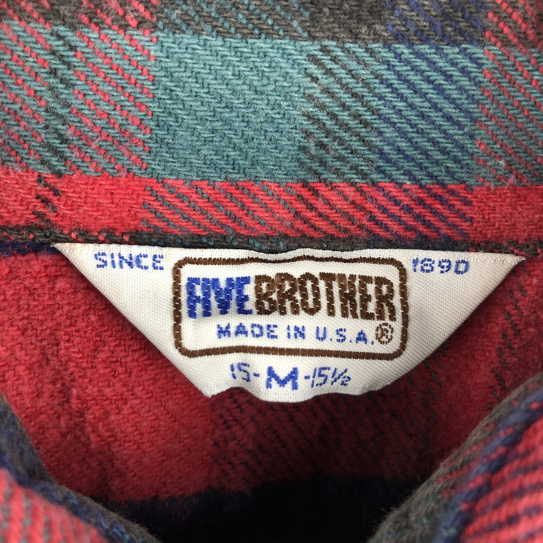 70s-80'S Five Brother long-sleeved flannel check shirt, Made in USA, Men's size M unclear red type Vintage Second Hand