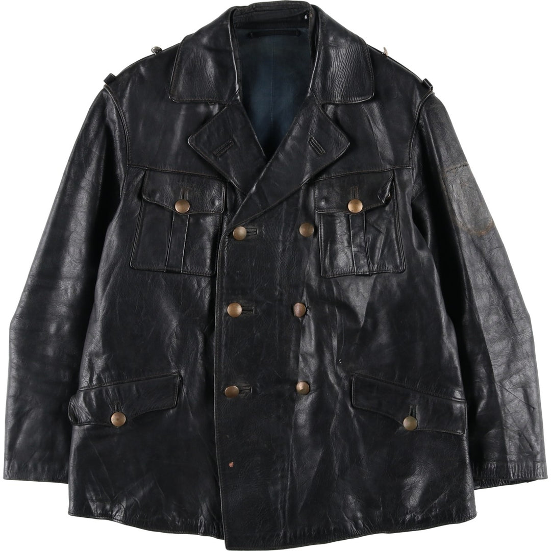 AZ Double-Breasted Policeman Leather Jacket, Men's, Size L, Vintage unclear black type Vintage Second Hand