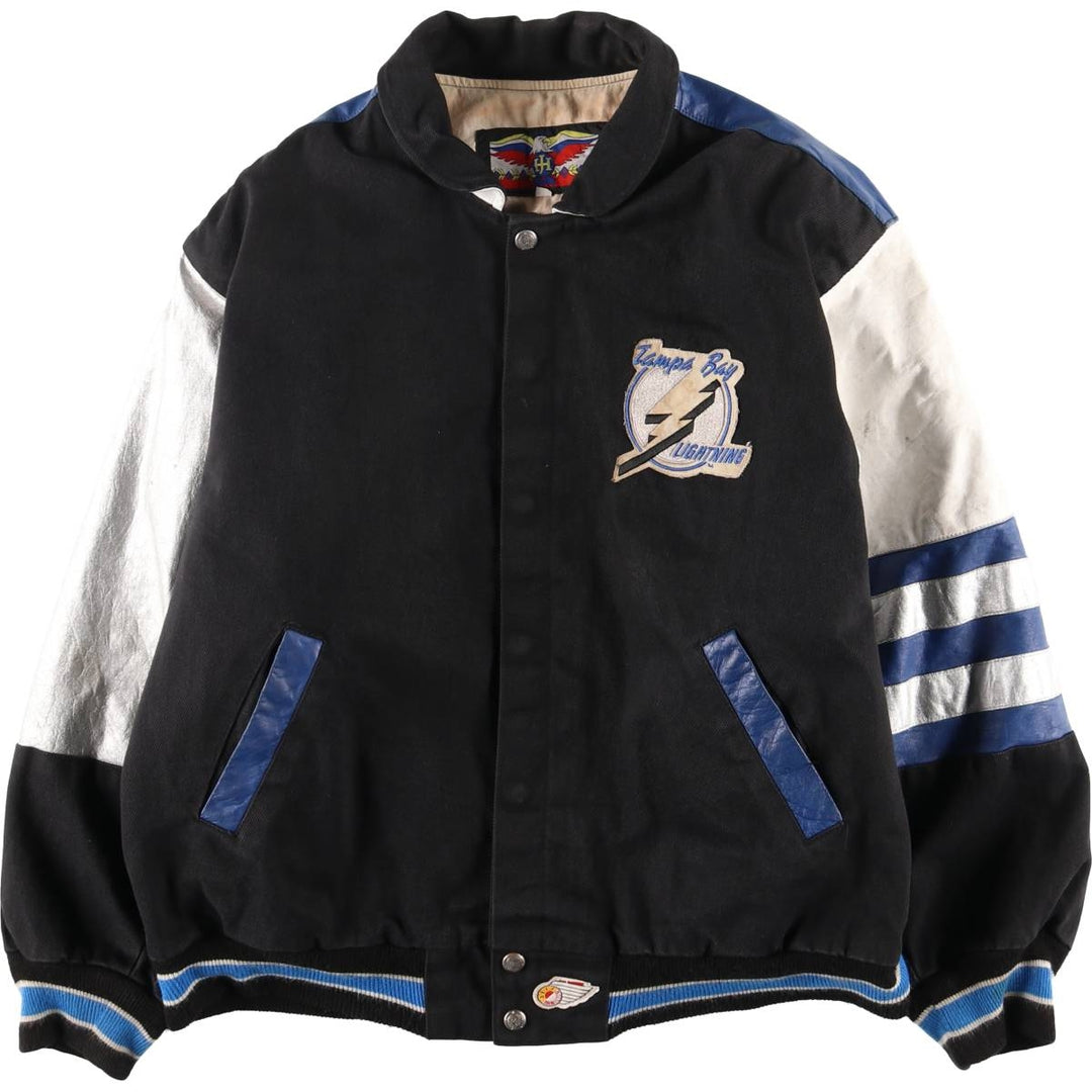 JEFF HAMILTON NHL Tampa Bay Lightning Cotton Button-Down Varsity Jacket, Made in USA, Men's Size M cotton black type Vintage Second Hand