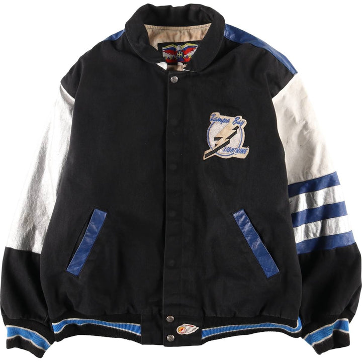 JEFF HAMILTON NHL Tampa Bay Lightning Cotton Button-Down Varsity Jacket, Made in USA, Men's Size M cotton black type Vintage Second Hand
