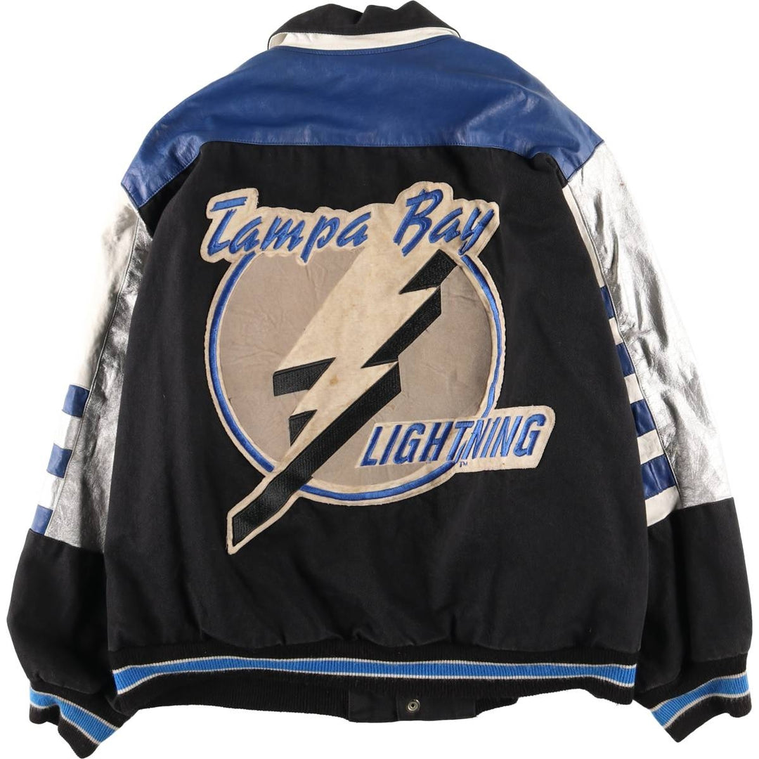 JEFF HAMILTON NHL Tampa Bay Lightning Cotton Button-Down Varsity Jacket, Made in USA, Men's Size M cotton black type Vintage Second Hand