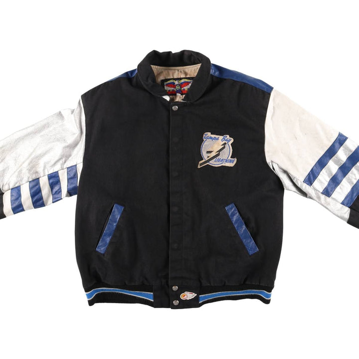 JEFF HAMILTON NHL Tampa Bay Lightning Cotton Button-Down Varsity Jacket, Made in USA, Men's Size M cotton black type Vintage Second Hand