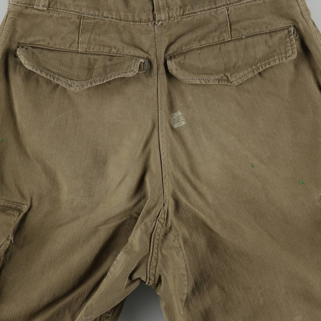 1960'S French Army M-47 Late Model Painted Herringbone Military Cargo Pants, Women's Size L (W28 equivalent), Vintage unclear Khaki type brown Vintage Second Hand
