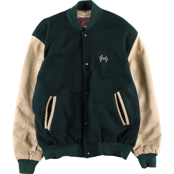 90'S Sichel Leather Sleeve Wool Button Varsity Jacket, Made in USA, Men's Size L, Vintage wool Green type dark green Vintage Second Hand