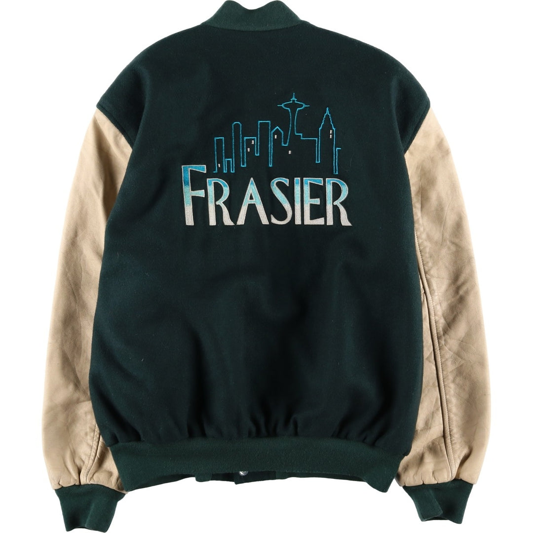 90'S Sichel Leather Sleeve Wool Button Varsity Jacket, Made in USA, Men's Size L, Vintage wool Green type dark green Vintage Second Hand