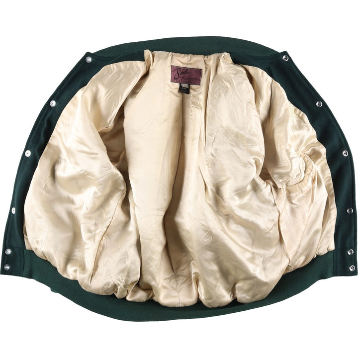 90'S Sichel Leather Sleeve Wool Button Varsity Jacket, Made in USA, Men's Size L, Vintage wool Green type dark green Vintage Second Hand