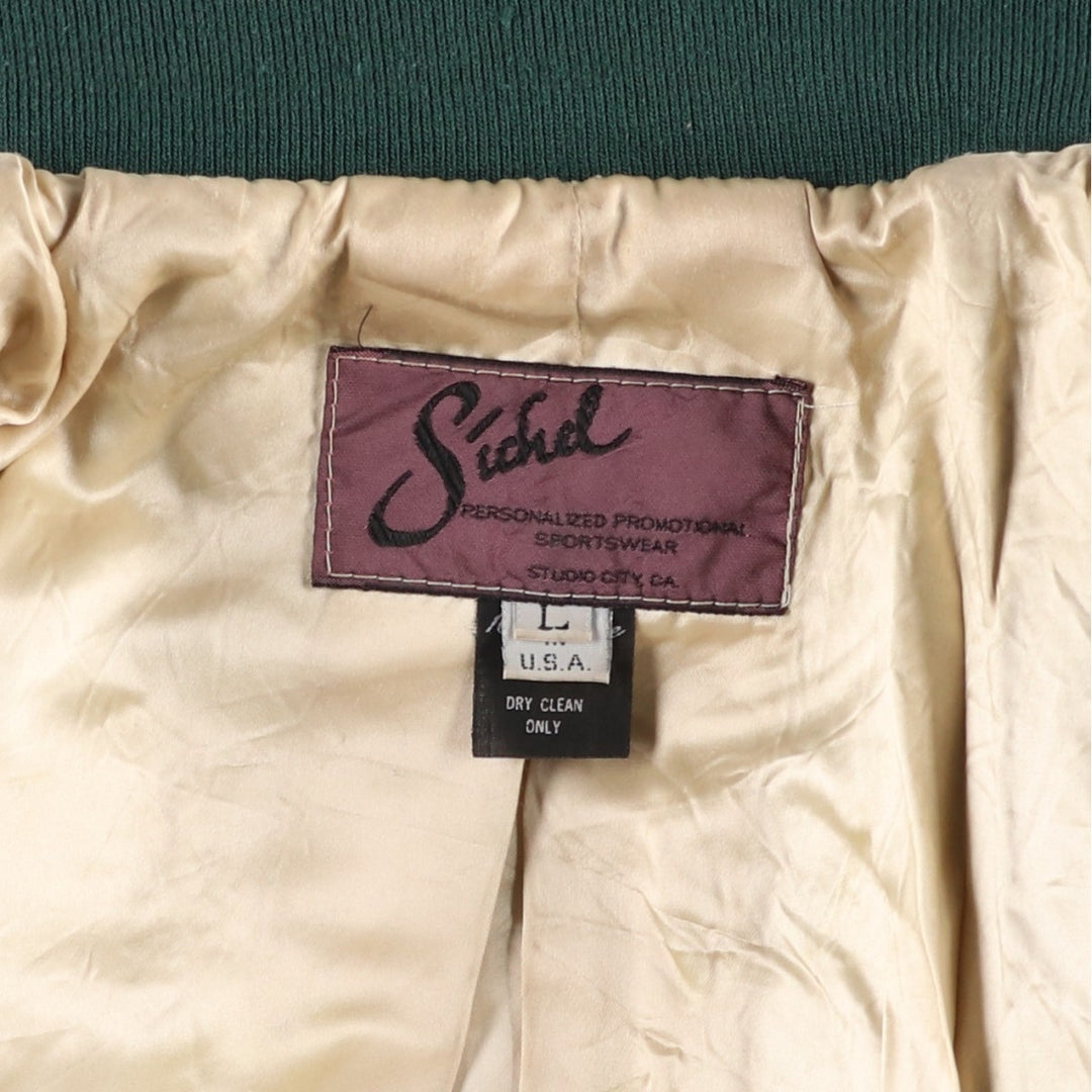 90'S Sichel Leather Sleeve Wool Button Varsity Jacket, Made in USA, Men's Size L, Vintage wool Green type dark green Vintage Second Hand