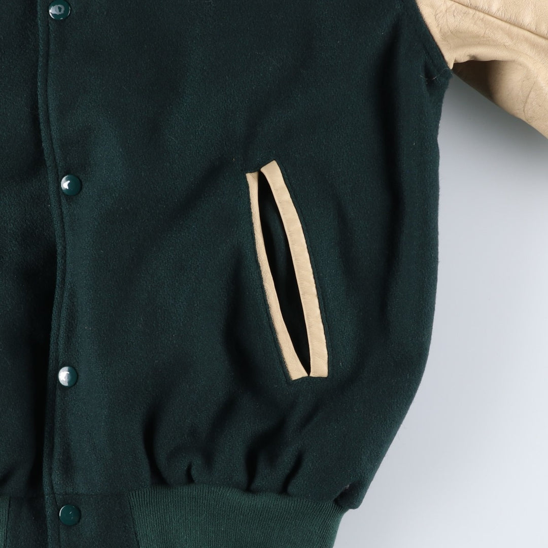 90'S Sichel Leather Sleeve Wool Button Varsity Jacket, Made in USA, Men's Size L, Vintage wool Green type dark green Vintage Second Hand