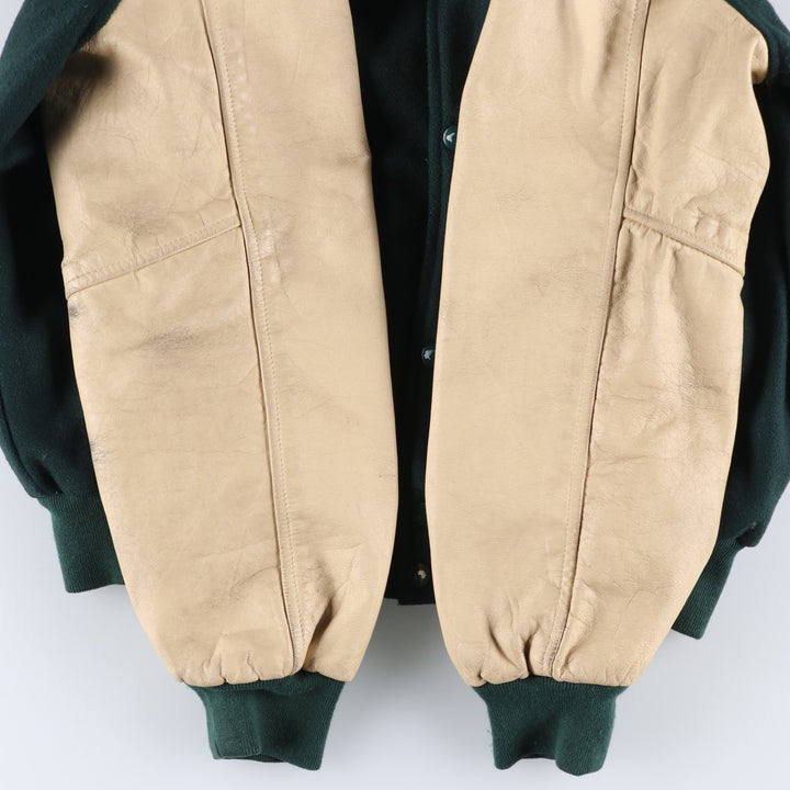 90'S Sichel Leather Sleeve Wool Button Varsity Jacket, Made in USA, Men's Size L, Vintage wool Green type dark green Vintage Second Hand