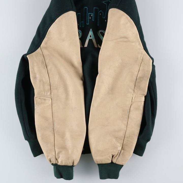 90'S Sichel Leather Sleeve Wool Button Varsity Jacket, Made in USA, Men's Size L, Vintage wool Green type dark green Vintage Second Hand