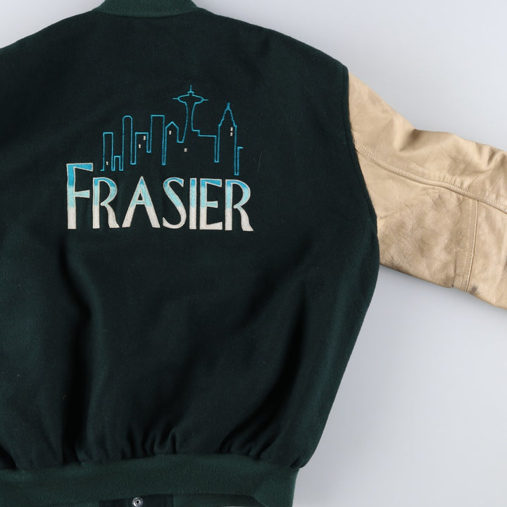 90'S Sichel Leather Sleeve Wool Button Varsity Jacket, Made in USA, Men's Size L, Vintage wool Green type dark green Vintage Second Hand