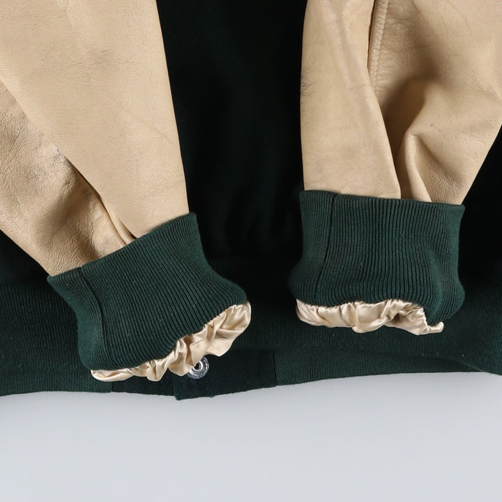 90'S Sichel Leather Sleeve Wool Button Varsity Jacket, Made in USA, Men's Size L, Vintage wool Green type dark green Vintage Second Hand