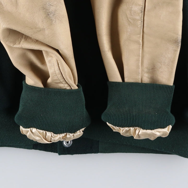 90'S Sichel Leather Sleeve Wool Button Varsity Jacket, Made in USA, Men's Size L, Vintage wool Green type dark green Vintage Second Hand