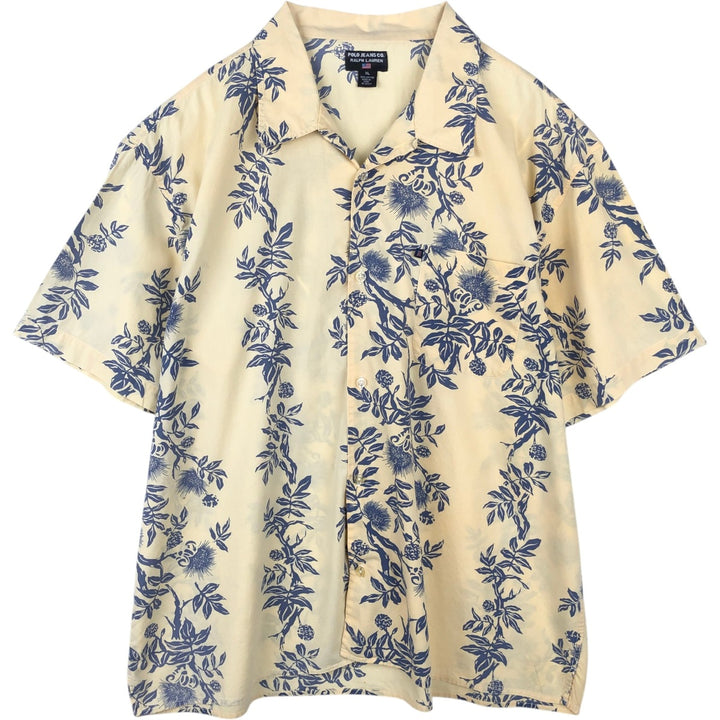 2000'S Ralph Lauren POLO JEANS COMPANY all-over botanical pattern open-collar Aloha shirt, boxy fit, men's size XL equivalent. cotton lemon yellow Vintage Second Hand