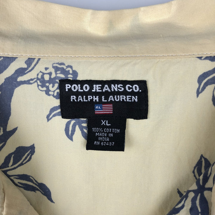 2000'S Ralph Lauren POLO JEANS COMPANY all-over botanical pattern open-collar Aloha shirt, boxy fit, men's size XL equivalent. cotton lemon yellow Vintage Second Hand