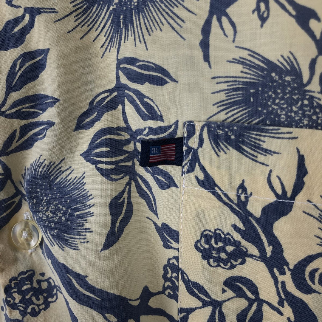 2000'S Ralph Lauren POLO JEANS COMPANY all-over botanical pattern open-collar Aloha shirt, boxy fit, men's size XL equivalent. cotton lemon yellow Vintage Second Hand
