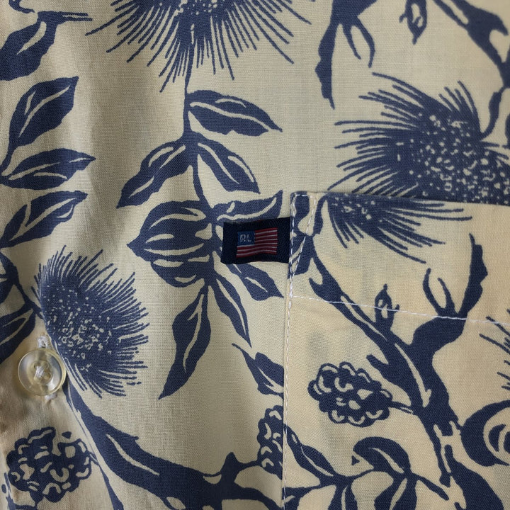 2000'S Ralph Lauren POLO JEANS COMPANY all-over botanical pattern open-collar Aloha shirt, boxy fit, men's size XL equivalent. cotton lemon yellow Vintage Second Hand