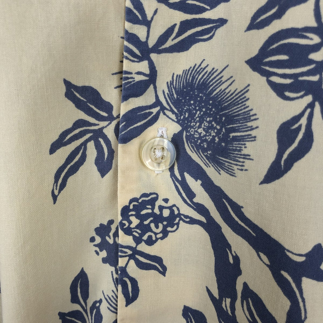 2000'S Ralph Lauren POLO JEANS COMPANY all-over botanical pattern open-collar Aloha shirt, boxy fit, men's size XL equivalent. cotton lemon yellow Vintage Second Hand