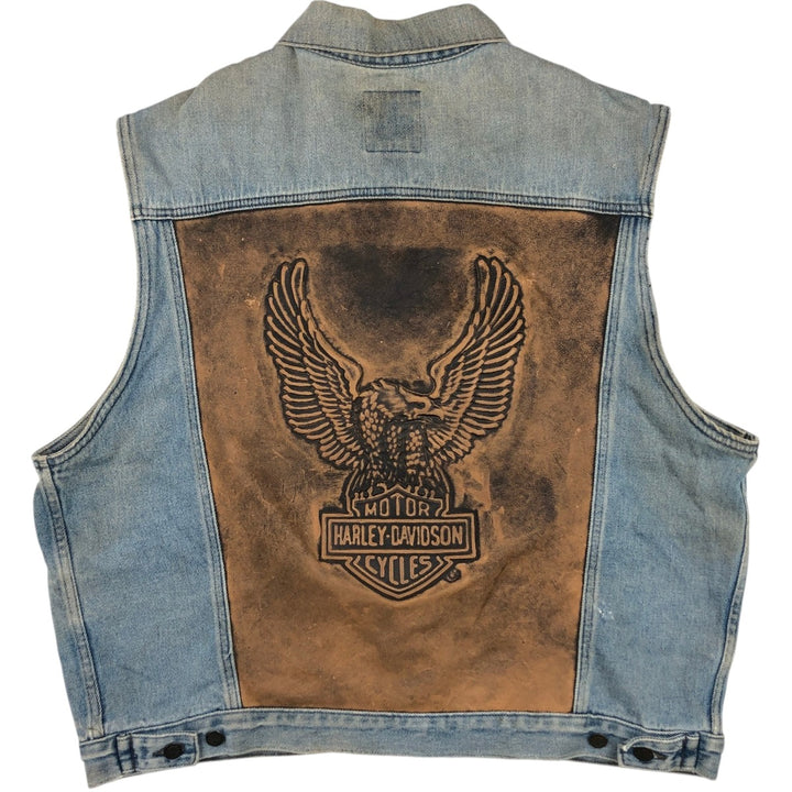 Harley-Davidson BIKER BLUES Eagle Pattern Denim Vest, Made in USA, Men's XL (approx.) cotton blue type Vintage Second Hand
