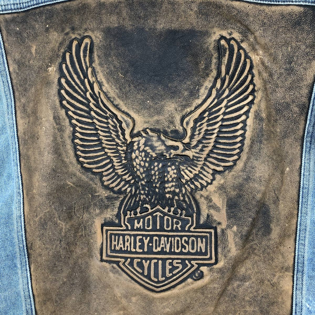 Harley-Davidson BIKER BLUES Eagle Pattern Denim Vest, Made in USA, Men's XL (approx.) cotton blue type Vintage Second Hand