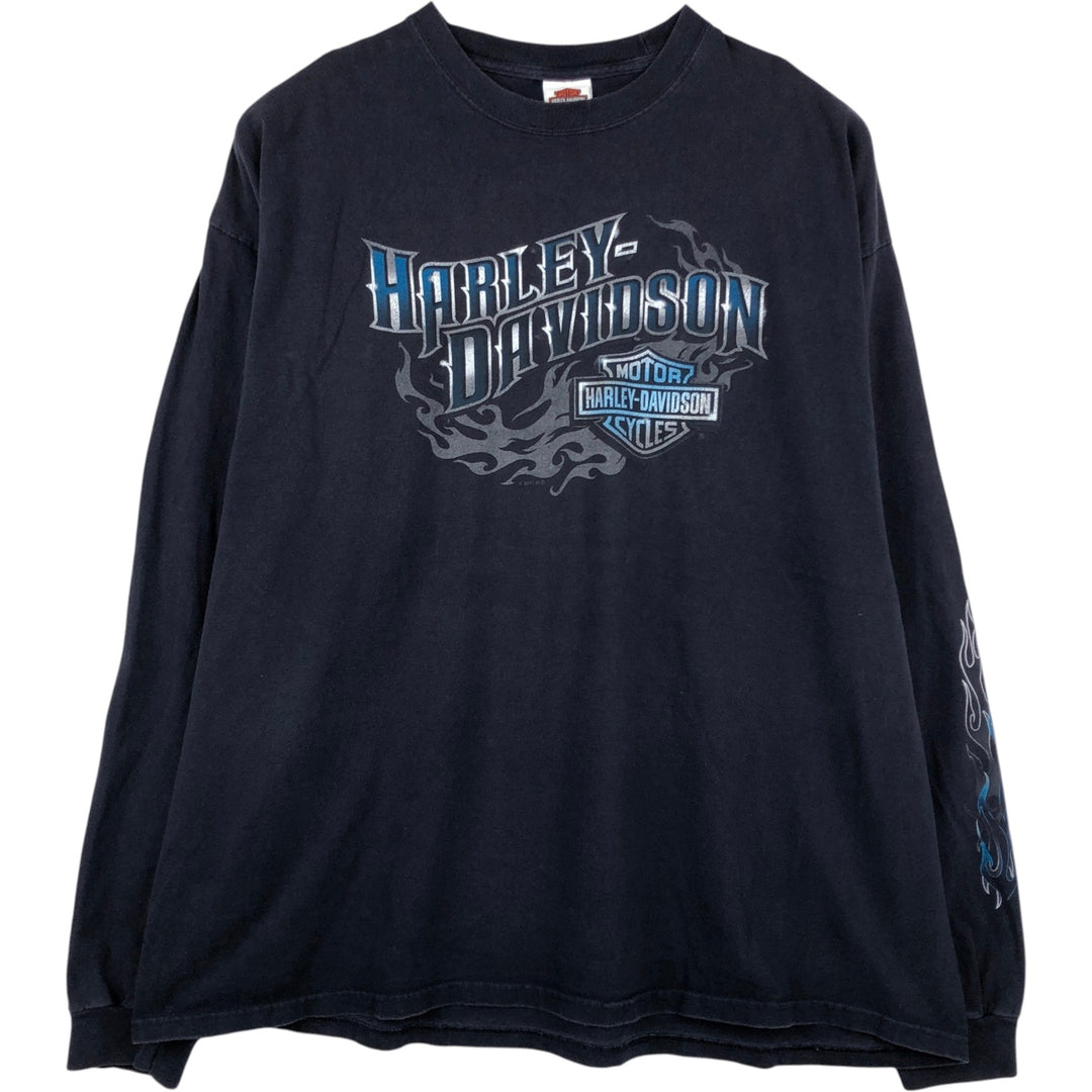 Harley-Davidson Motorcycle Fire Pattern Long-Sleeve T-Shirt (Men's Size XXXL) cotton navy blue type Vintage Second Hand