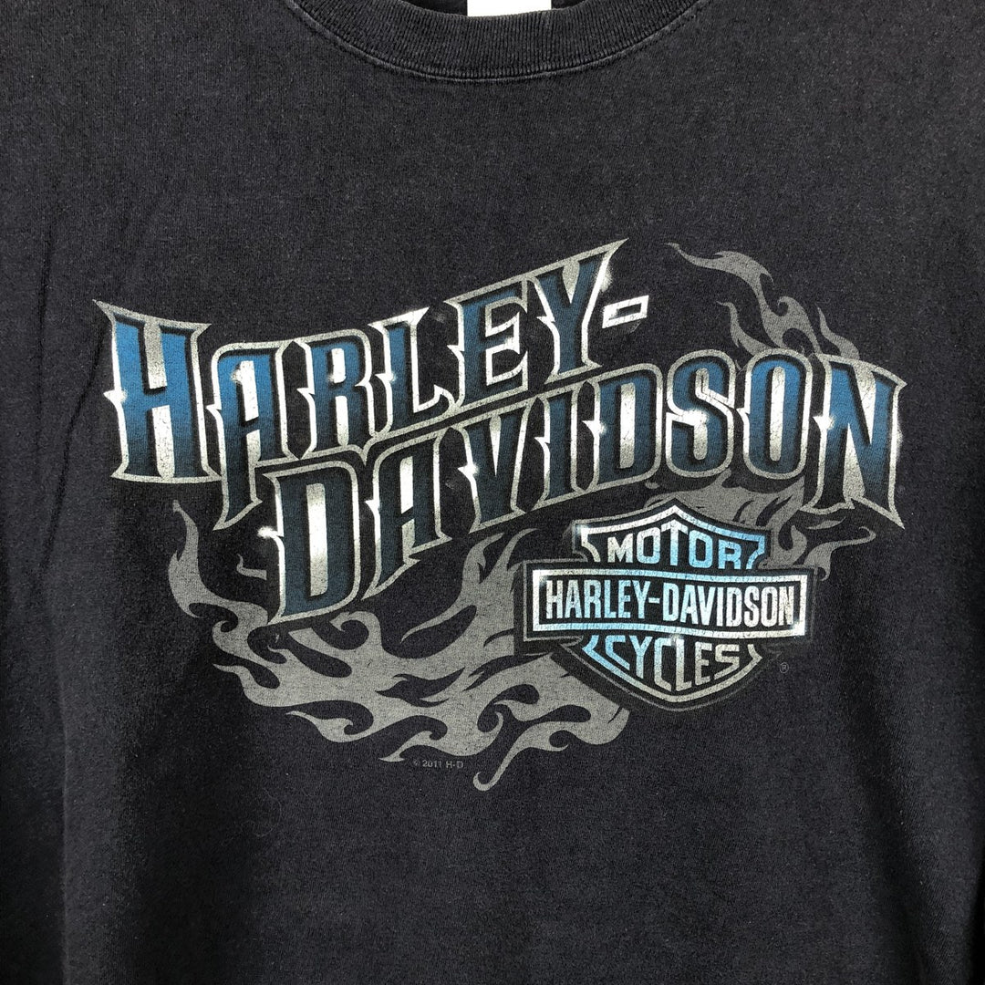 Harley-Davidson Motorcycle Fire Pattern Long-Sleeve T-Shirt (Men's Size XXXL) cotton navy blue type Vintage Second Hand