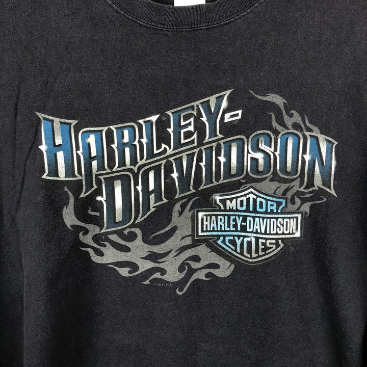 Harley-Davidson Motorcycle Fire Pattern Long-Sleeve T-Shirt (Men's Size XXXL) cotton navy blue type Vintage Second Hand