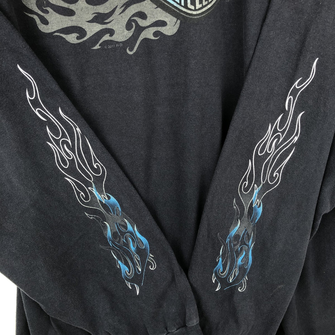 Harley-Davidson Motorcycle Fire Pattern Long-Sleeve T-Shirt (Men's Size XXXL) cotton navy blue type Vintage Second Hand